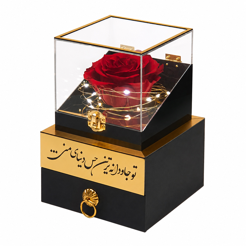 باکس گل رز جاودان مدل گنجینه | هدیه&zwnj;ای لوکس و ماندگار برای عزیزان